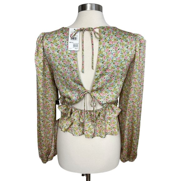 New ASTR Medium Ditsy Mustard Pink Floral Cutout Ruffle Puff Long Sleeve Blouse - Picture 4 of 9